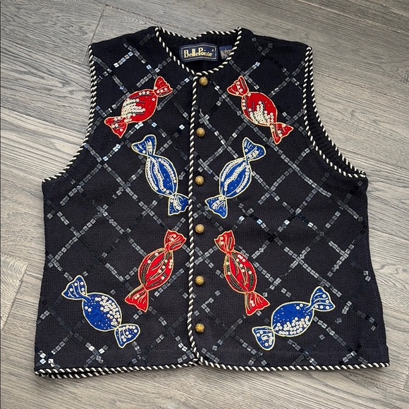 Belle Point | Vintage Black Knit Vest with Candy Design and Sequins Size Large - Picture 1 of 14